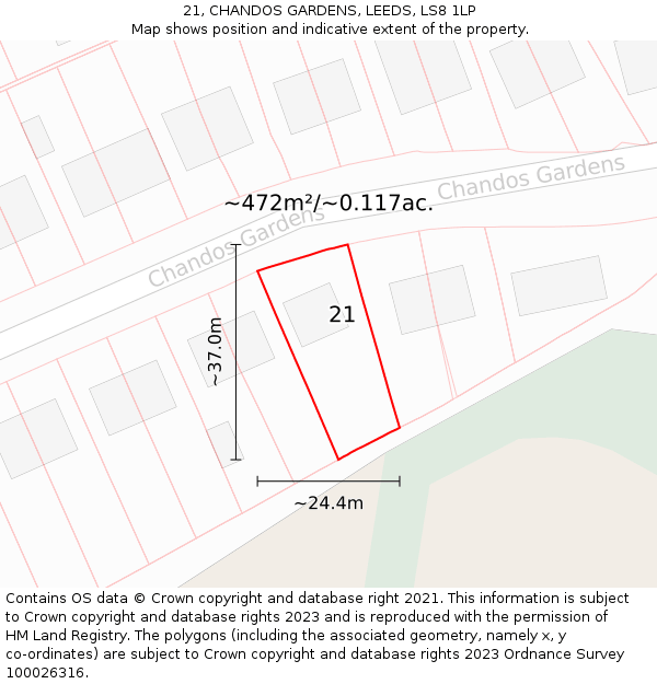 21, CHANDOS GARDENS, LEEDS, LS8 1LP: Plot and title map