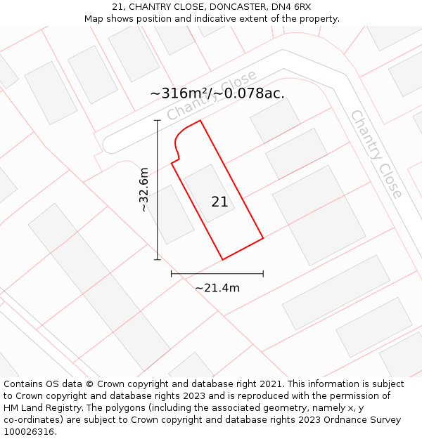 21, CHANTRY CLOSE, DONCASTER, DN4 6RX: Plot and title map