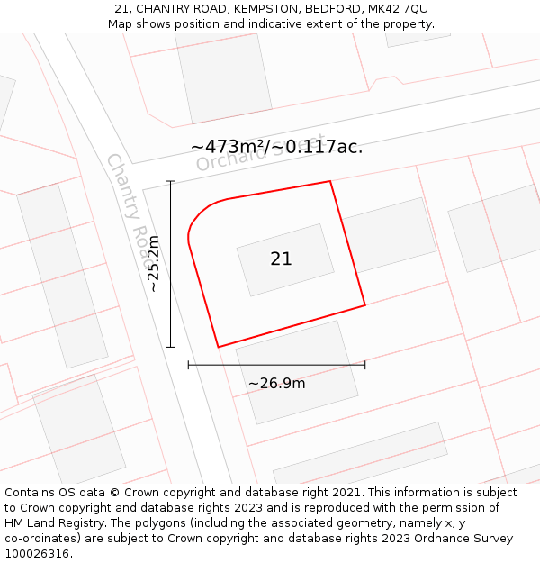 21, CHANTRY ROAD, KEMPSTON, BEDFORD, MK42 7QU: Plot and title map