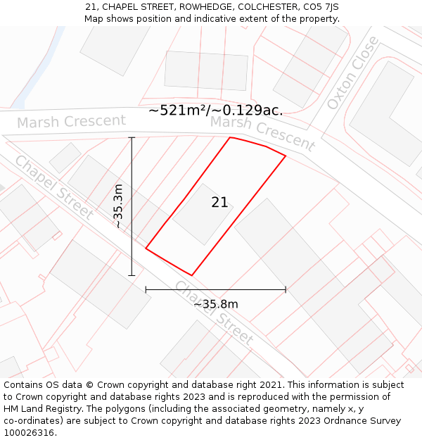 21, CHAPEL STREET, ROWHEDGE, COLCHESTER, CO5 7JS: Plot and title map