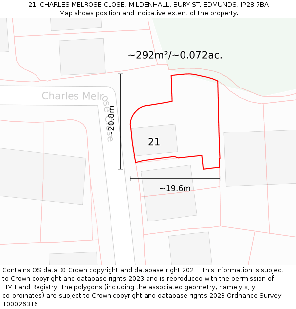 21, CHARLES MELROSE CLOSE, MILDENHALL, BURY ST. EDMUNDS, IP28 7BA: Plot and title map