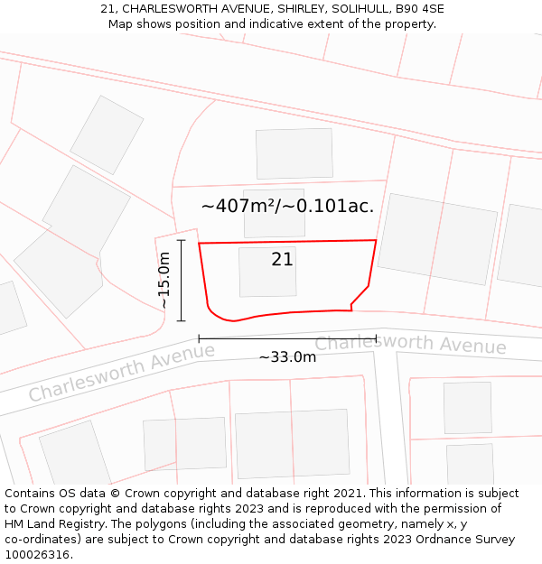 21, CHARLESWORTH AVENUE, SHIRLEY, SOLIHULL, B90 4SE: Plot and title map