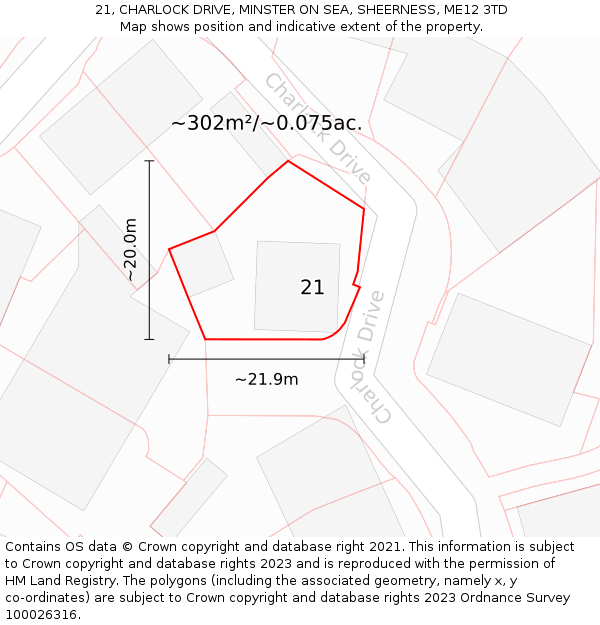 21, CHARLOCK DRIVE, MINSTER ON SEA, SHEERNESS, ME12 3TD: Plot and title map
