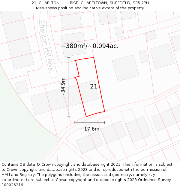 21, CHARLTON HILL RISE, CHAPELTOWN, SHEFFIELD, S35 2PU: Plot and title map