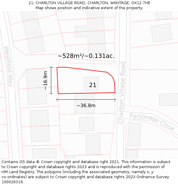 21, CHARLTON VILLAGE ROAD, CHARLTON, WANTAGE, OX12 7HE: Plot and title map