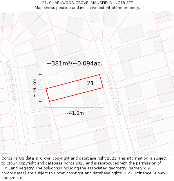 21, CHARNWOOD GROVE, MANSFIELD, NG18 3EF: Plot and title map