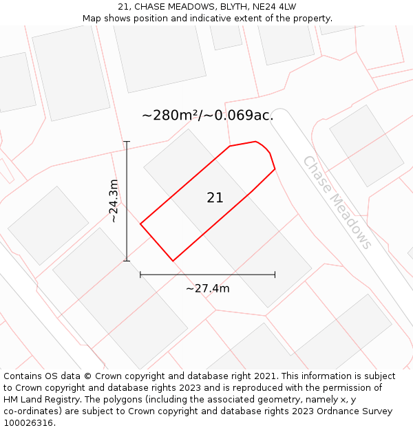 21, CHASE MEADOWS, BLYTH, NE24 4LW: Plot and title map
