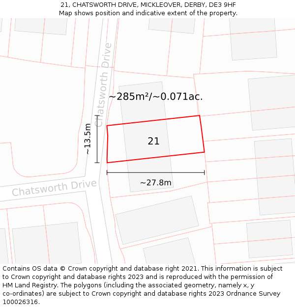 21, CHATSWORTH DRIVE, MICKLEOVER, DERBY, DE3 9HF: Plot and title map