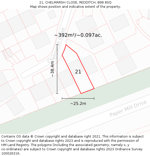 21, CHELMARSH CLOSE, REDDITCH, B98 8SQ: Plot and title map