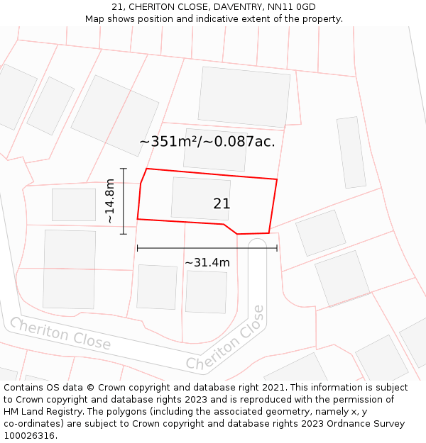 21, CHERITON CLOSE, DAVENTRY, NN11 0GD: Plot and title map