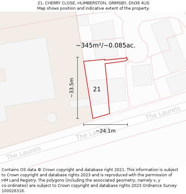 21, CHERRY CLOSE, HUMBERSTON, GRIMSBY, DN36 4US: Plot and title map