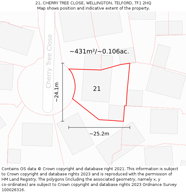 21, CHERRY TREE CLOSE, WELLINGTON, TELFORD, TF1 2HQ: Plot and title map