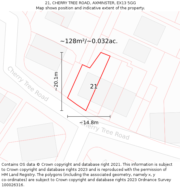 21, CHERRY TREE ROAD, AXMINSTER, EX13 5GG: Plot and title map