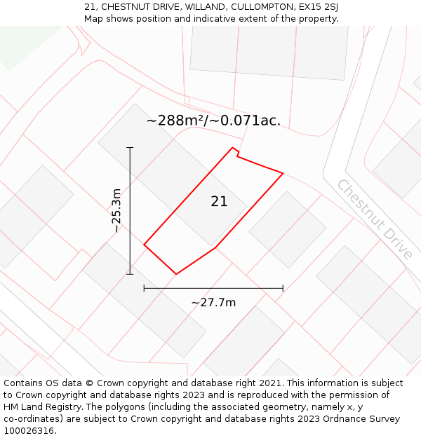 21, CHESTNUT DRIVE, WILLAND, CULLOMPTON, EX15 2SJ: Plot and title map