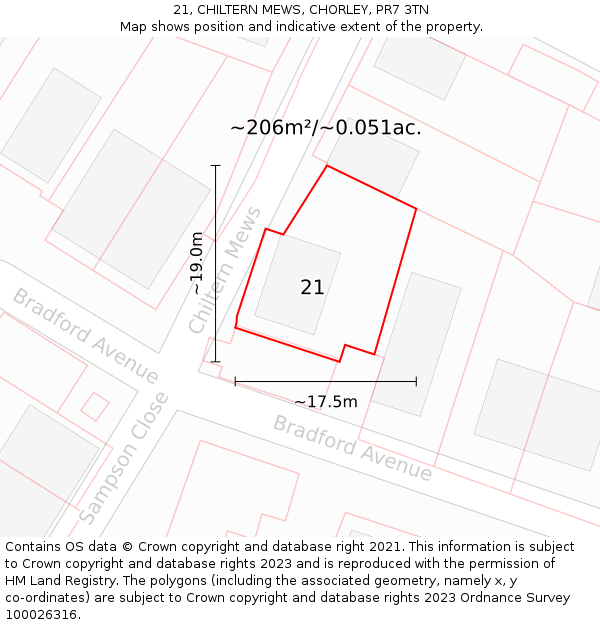 21, CHILTERN MEWS, CHORLEY, PR7 3TN: Plot and title map