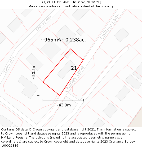 21, CHILTLEY LANE, LIPHOOK, GU30 7HJ: Plot and title map