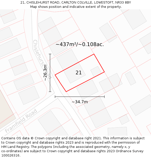 21, CHISLEHURST ROAD, CARLTON COLVILLE, LOWESTOFT, NR33 8BY: Plot and title map