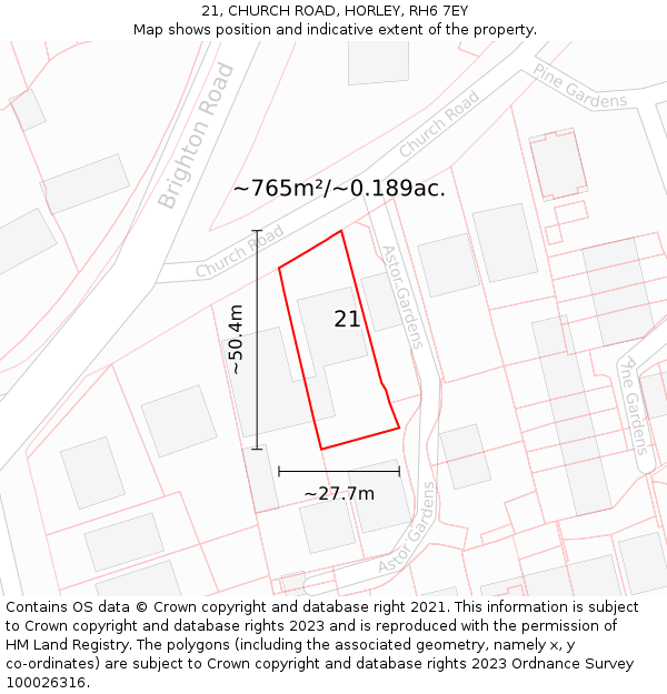 21, CHURCH ROAD, HORLEY, RH6 7EY: Plot and title map