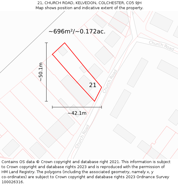 21, CHURCH ROAD, KELVEDON, COLCHESTER, CO5 9JH: Plot and title map