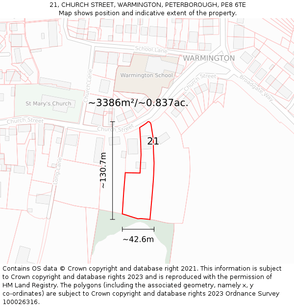 21, CHURCH STREET, WARMINGTON, PETERBOROUGH, PE8 6TE: Plot and title map