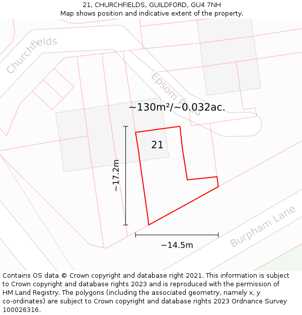 21, CHURCHFIELDS, GUILDFORD, GU4 7NH: Plot and title map