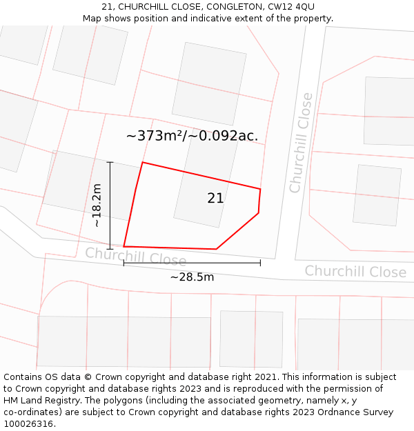 21, CHURCHILL CLOSE, CONGLETON, CW12 4QU: Plot and title map