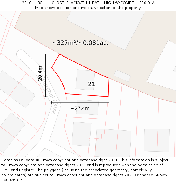 21, CHURCHILL CLOSE, FLACKWELL HEATH, HIGH WYCOMBE, HP10 9LA: Plot and title map