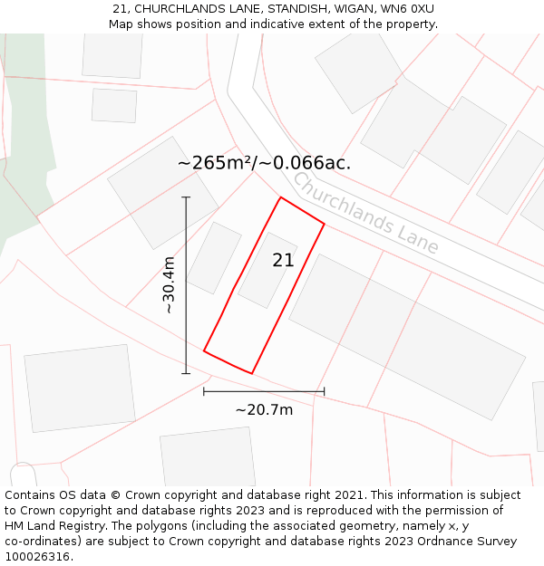 21, CHURCHLANDS LANE, STANDISH, WIGAN, WN6 0XU: Plot and title map