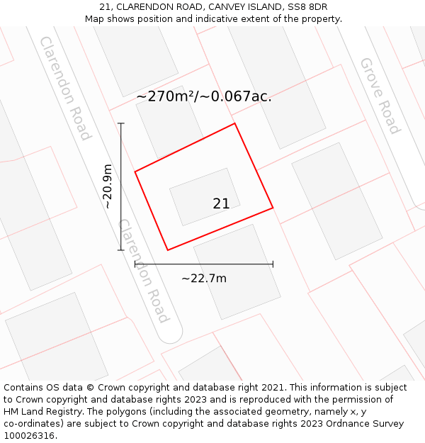 21, CLARENDON ROAD, CANVEY ISLAND, SS8 8DR: Plot and title map