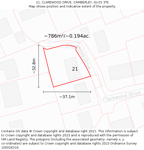 21, CLAREWOOD DRIVE, CAMBERLEY, GU15 3TE: Plot and title map
