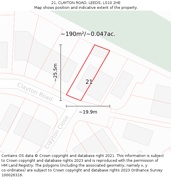 21, CLAYTON ROAD, LEEDS, LS10 2HE: Plot and title map