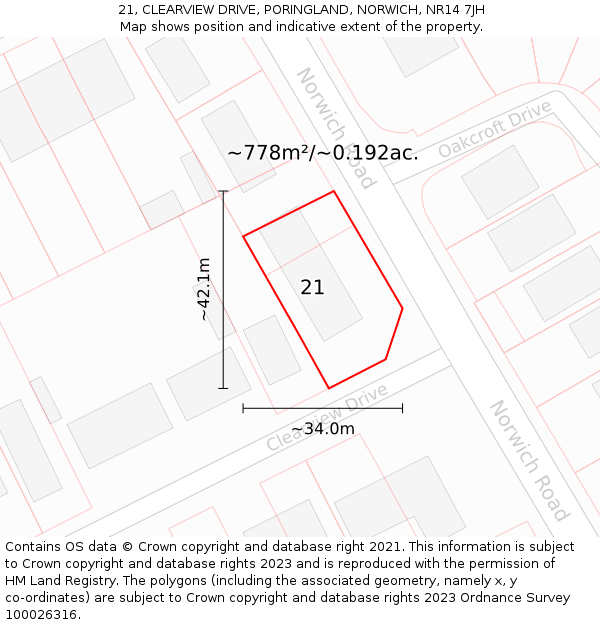 21, CLEARVIEW DRIVE, PORINGLAND, NORWICH, NR14 7JH: Plot and title map
