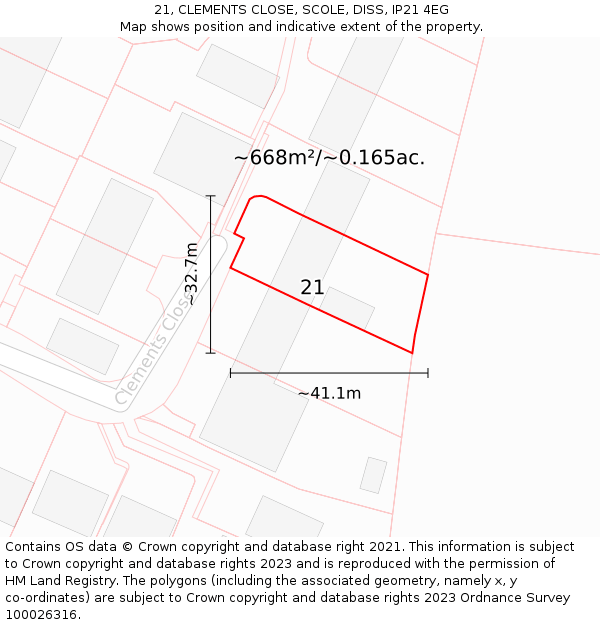 21, CLEMENTS CLOSE, SCOLE, DISS, IP21 4EG: Plot and title map