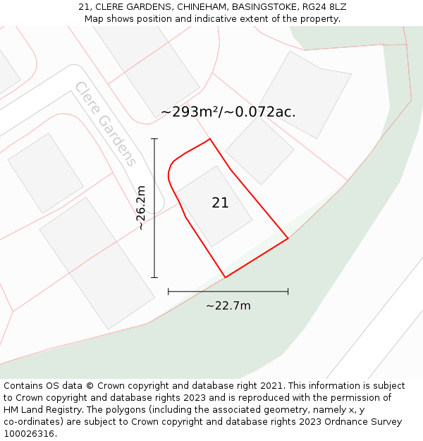 21, CLERE GARDENS, CHINEHAM, BASINGSTOKE, RG24 8LZ: Plot and title map