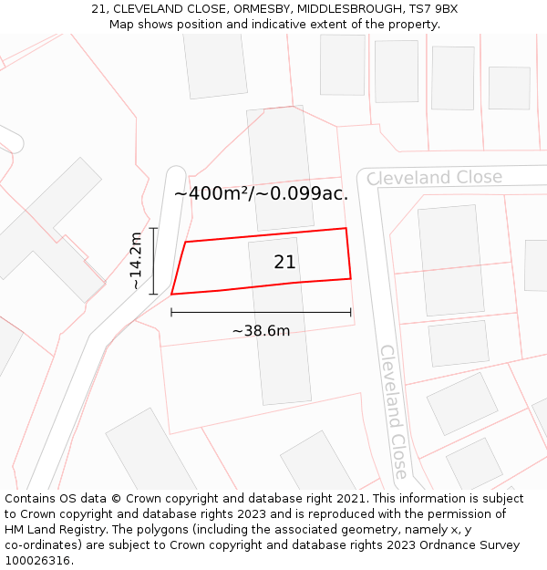 21, CLEVELAND CLOSE, ORMESBY, MIDDLESBROUGH, TS7 9BX: Plot and title map