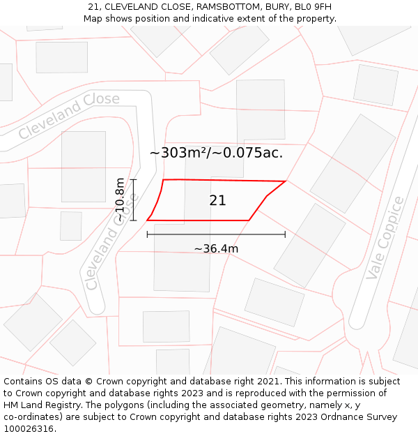 21, CLEVELAND CLOSE, RAMSBOTTOM, BURY, BL0 9FH: Plot and title map