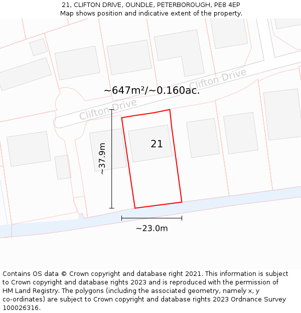 21, CLIFTON DRIVE, OUNDLE, PETERBOROUGH, PE8 4EP: Plot and title map