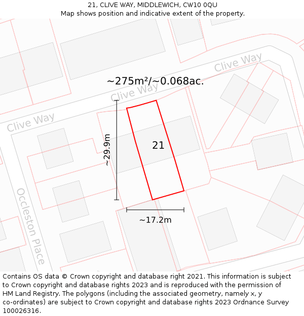 21, CLIVE WAY, MIDDLEWICH, CW10 0QU: Plot and title map