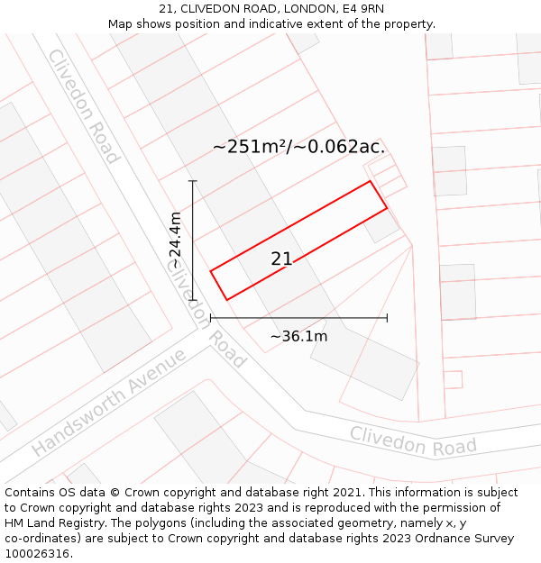 21, CLIVEDON ROAD, LONDON, E4 9RN: Plot and title map