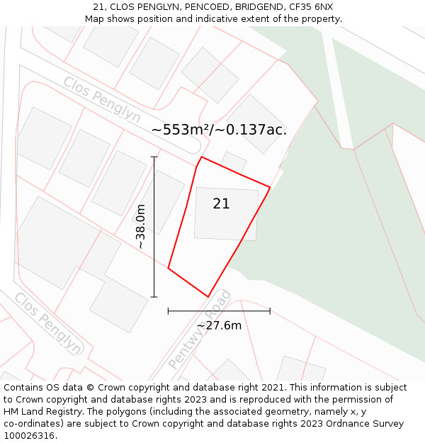 21, CLOS PENGLYN, PENCOED, BRIDGEND, CF35 6NX: Plot and title map