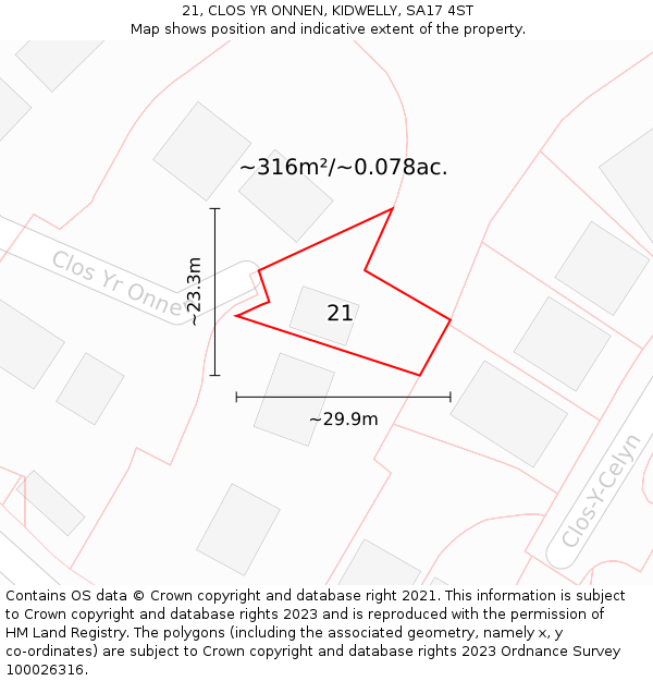 21, CLOS YR ONNEN, KIDWELLY, SA17 4ST: Plot and title map