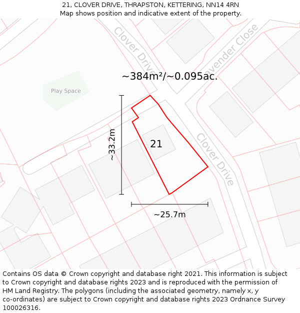 21, CLOVER DRIVE, THRAPSTON, KETTERING, NN14 4RN: Plot and title map