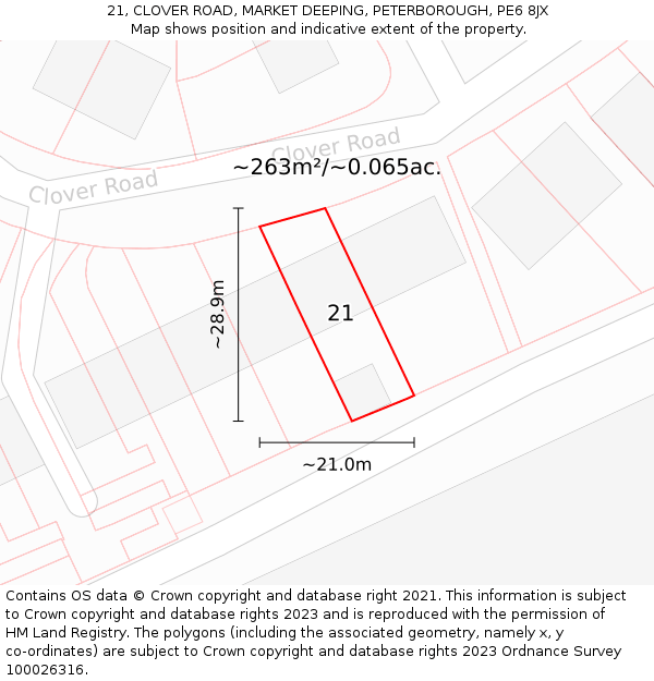 21, CLOVER ROAD, MARKET DEEPING, PETERBOROUGH, PE6 8JX: Plot and title map