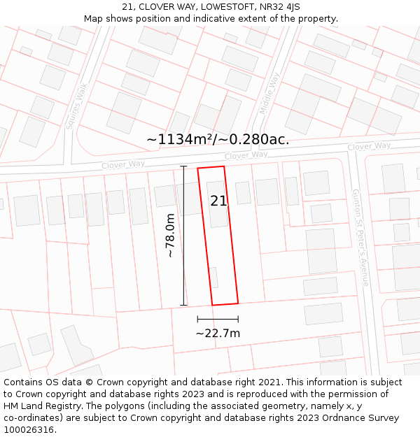 21, CLOVER WAY, LOWESTOFT, NR32 4JS: Plot and title map
