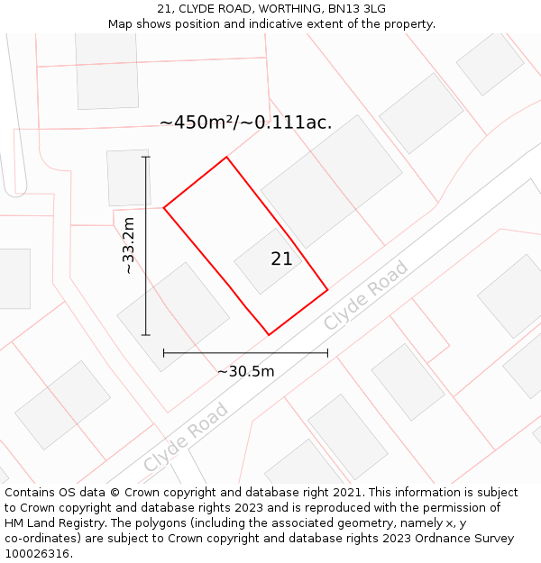 21, CLYDE ROAD, WORTHING, BN13 3LG: Plot and title map
