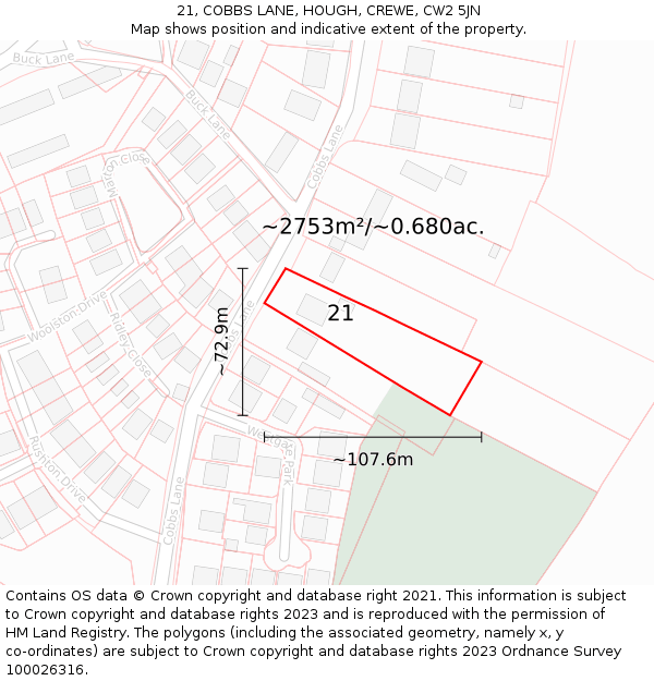21, COBBS LANE, HOUGH, CREWE, CW2 5JN: Plot and title map