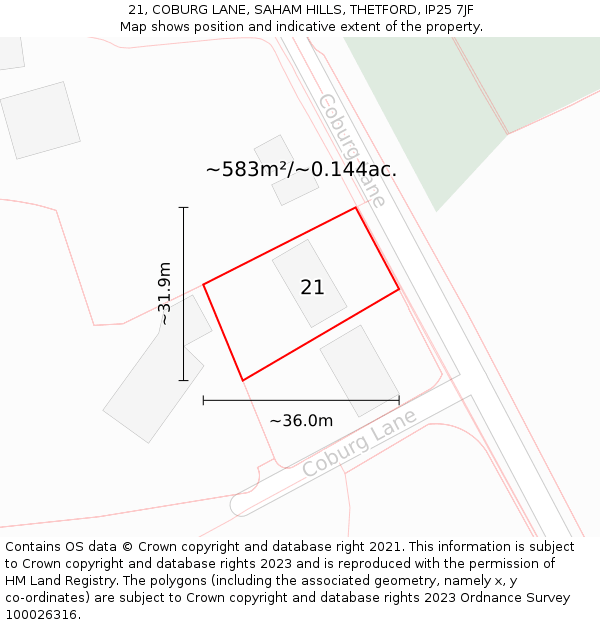 21, COBURG LANE, SAHAM HILLS, THETFORD, IP25 7JF: Plot and title map