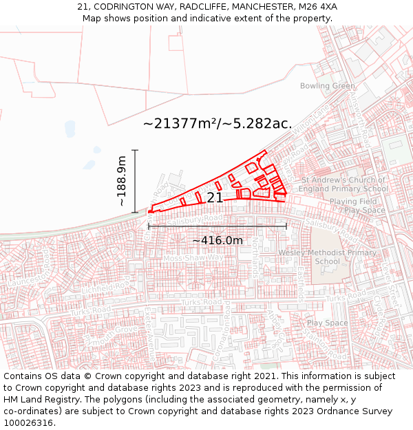 21, CODRINGTON WAY, RADCLIFFE, MANCHESTER, M26 4XA: Plot and title map