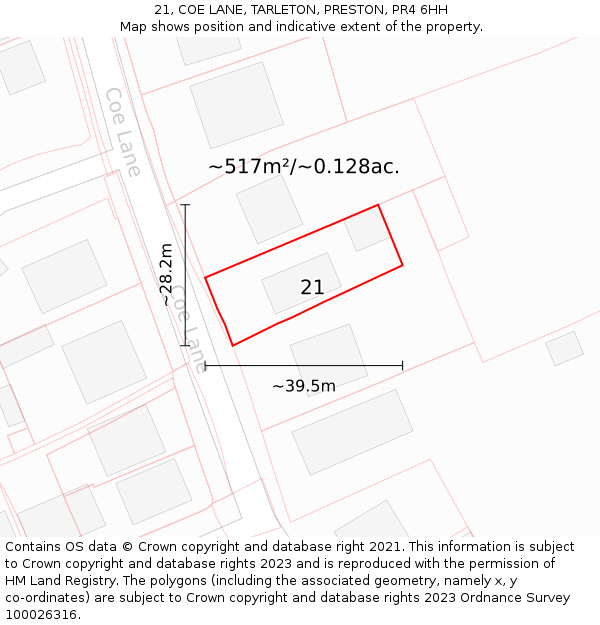 21, COE LANE, TARLETON, PRESTON, PR4 6HH: Plot and title map
