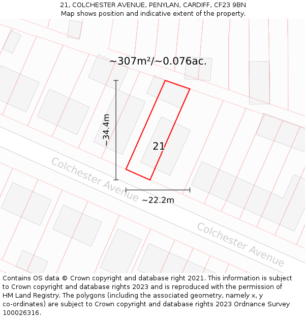 21, COLCHESTER AVENUE, PENYLAN, CARDIFF, CF23 9BN: Plot and title map